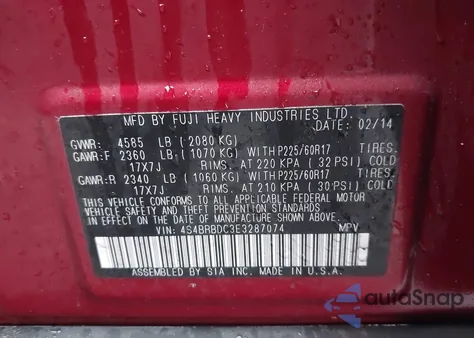 2014 Subaru Outback 2.5I Premium from USA, damaged, VIN 4S4BRBDC3E3287074